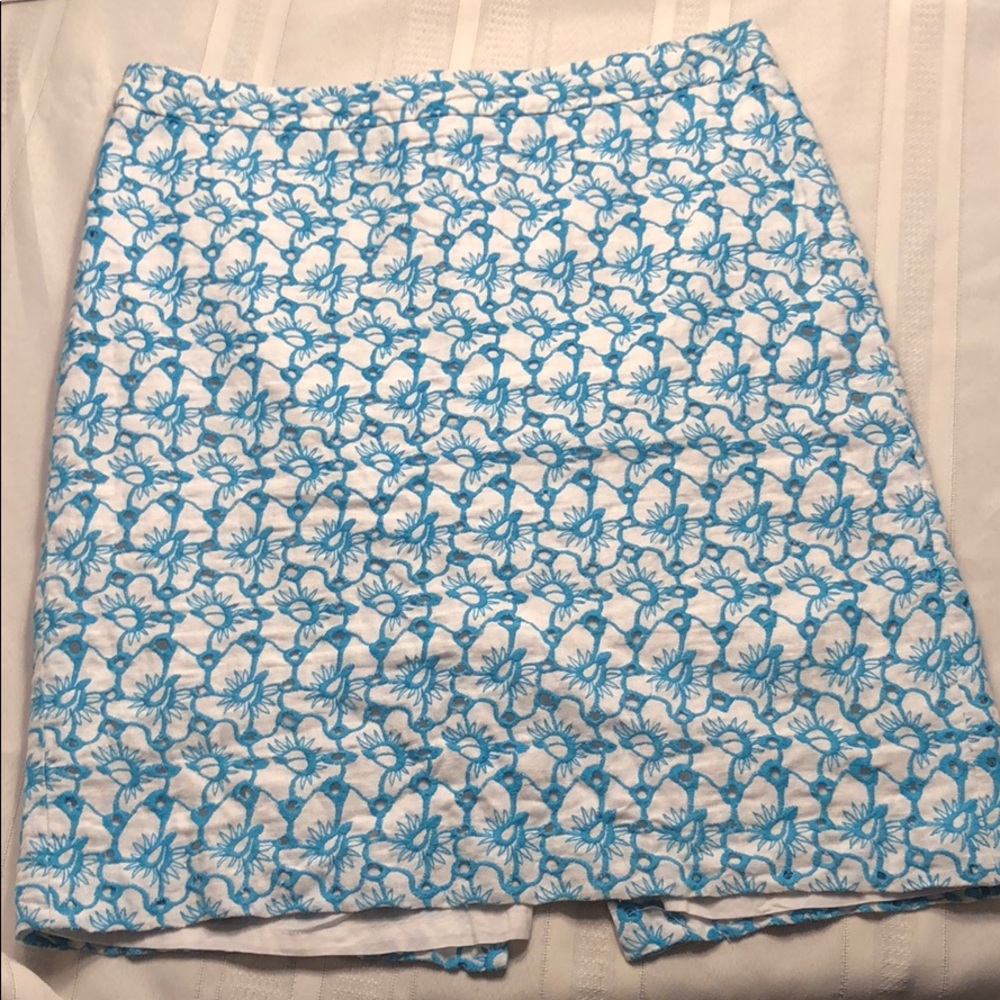 Talbots blue and white embroidered linen skirt